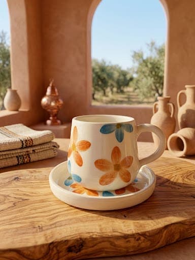 Tasse et sous tasse fleur bleu et orange