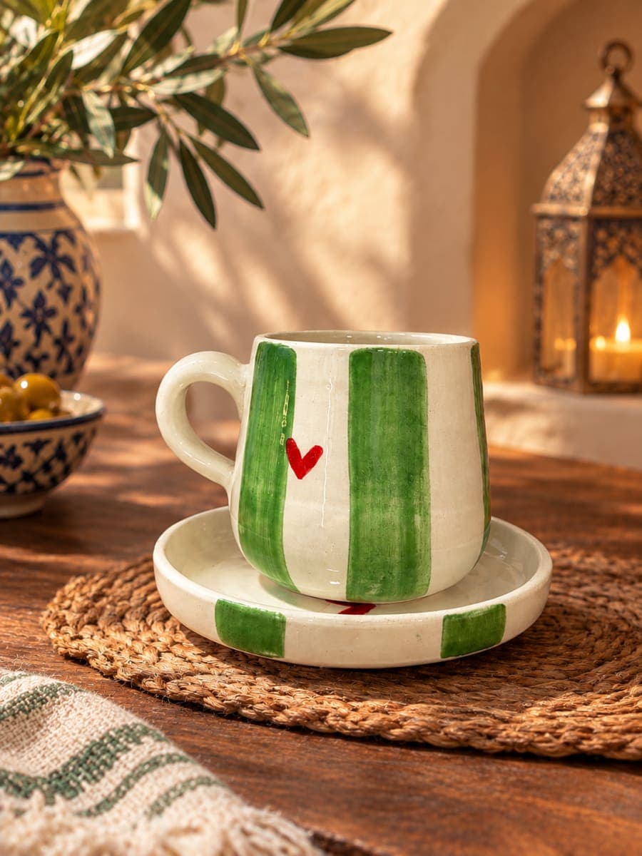 Tasse et sous tasse rayé vert