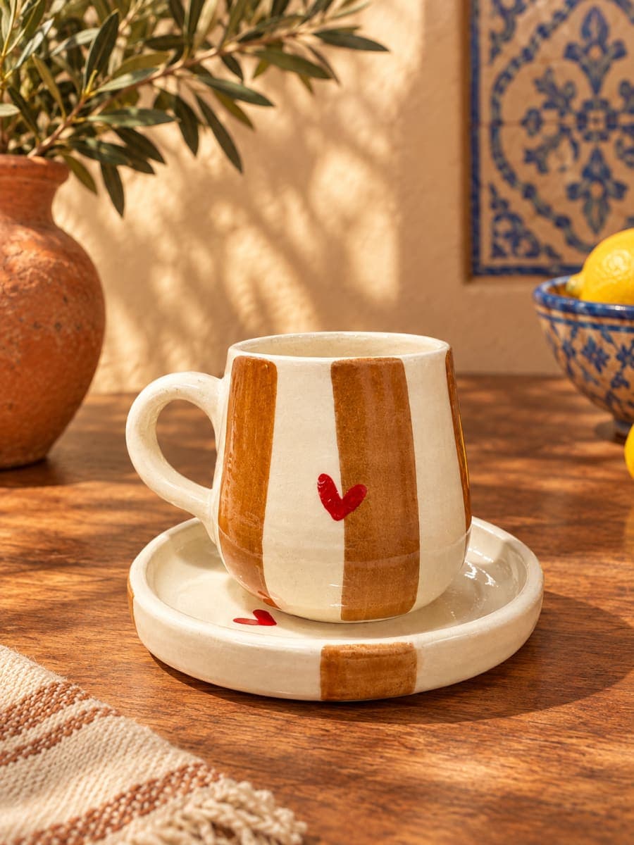 Tasse et sous tasse raye marron