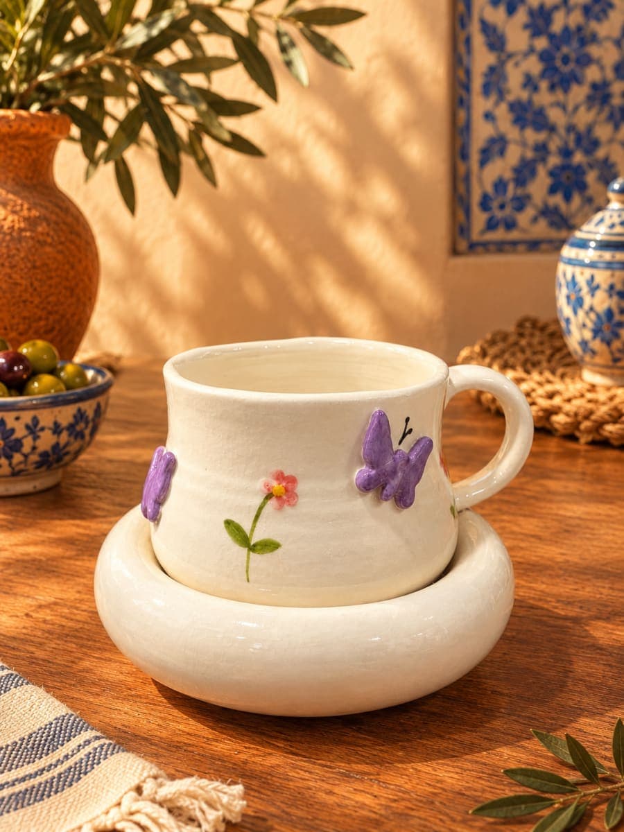 Tasse et sous tasse papillon en relief