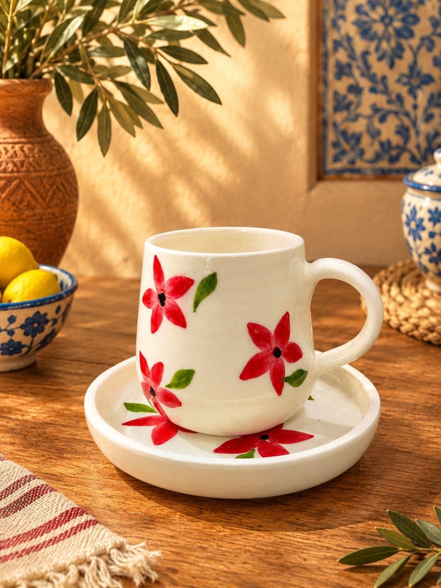 Tasse et sous tasse fleur orange